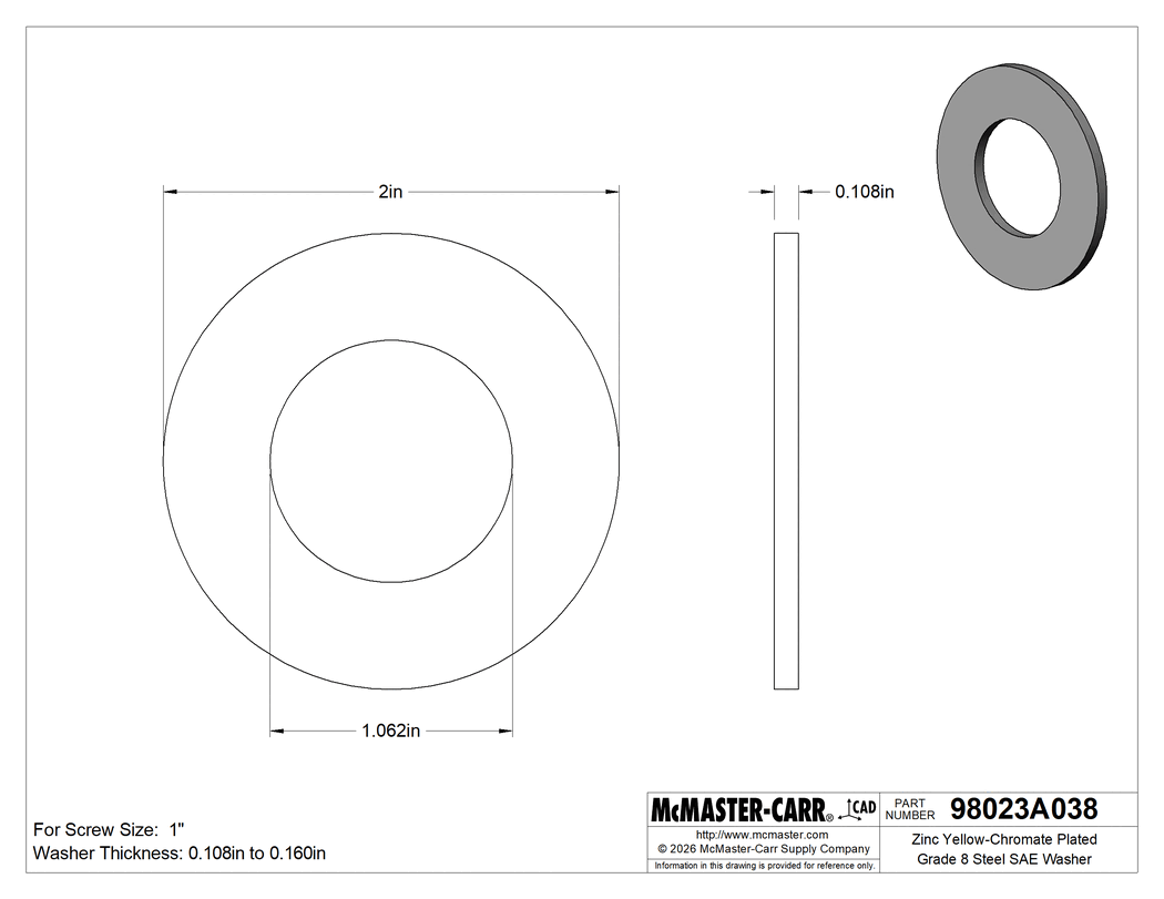 Technical Drawing of Zinc Yellow-Chromate Plated Grade 8 Steel SAE Washer, SAE, for 1" Screw Size, 1.062" ID, 2.000" OD.